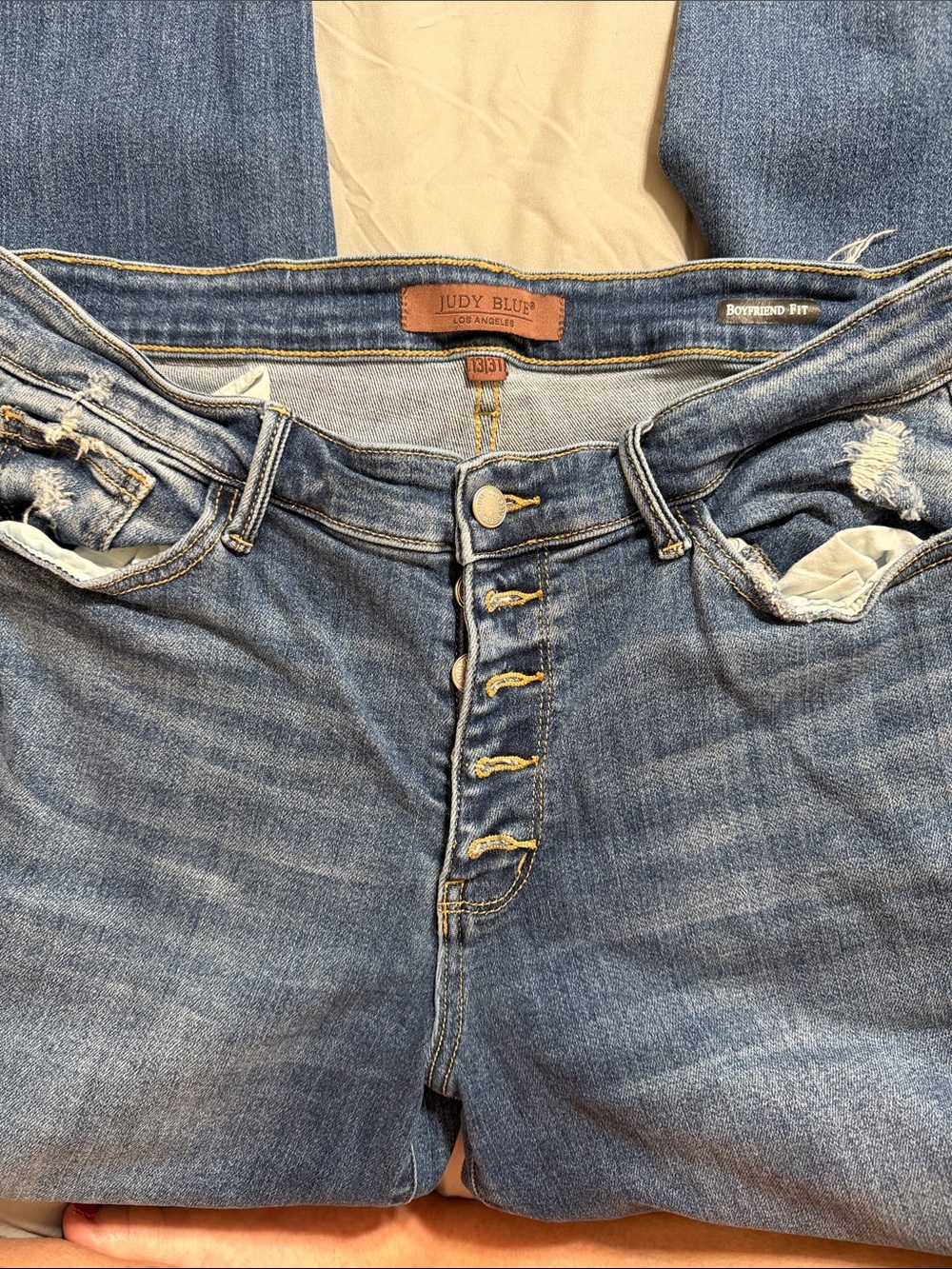Judy Blue Distressed Button-Fly Boyfriend Jeans - Medium Blue